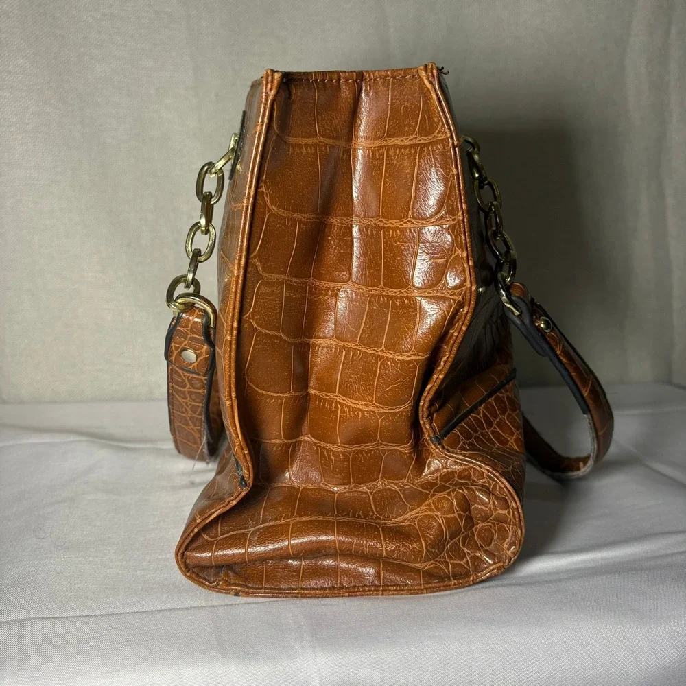 Anne Klein Cognac Brown Croc Embossed Tote‎ Bag Gold Chain Zebra Print Lining